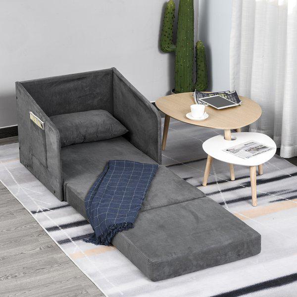 Faux Suede Sofa Bed Armchair Soft Floor Sleeper Lounger Futon Couch W/ Pillow And Pocket - Grey
