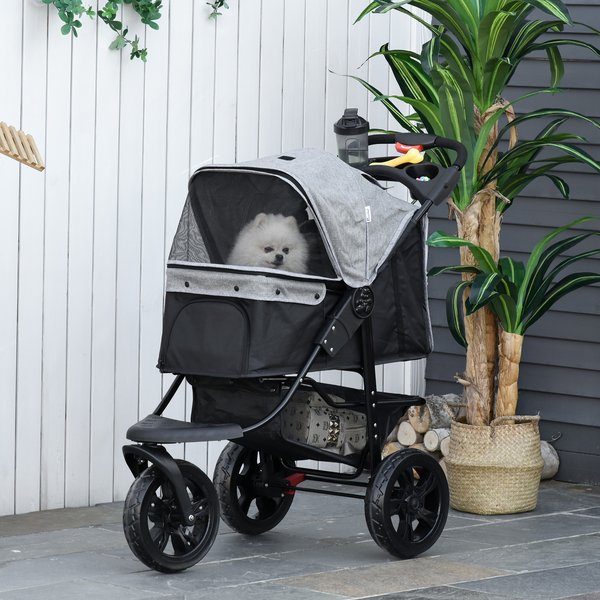 Folding 3 Wheels Pet Stroller Travel W/ Adjustable Canopy Storage Brake - Grey