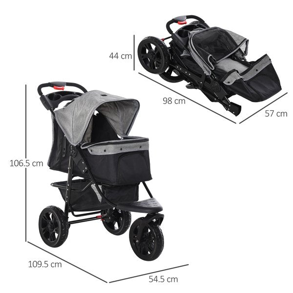 Folding 3 Wheels Pet Stroller Travel W/ Adjustable Canopy Storage Brake - Grey
