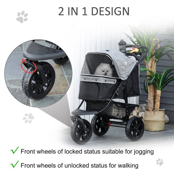 Folding 3 Wheels Pet Stroller Travel W/ Adjustable Canopy Storage Brake - Grey