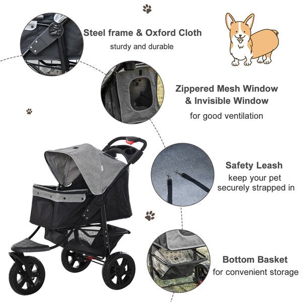 Folding 3 Wheels Pet Stroller Travel W/ Adjustable Canopy Storage Brake - Grey