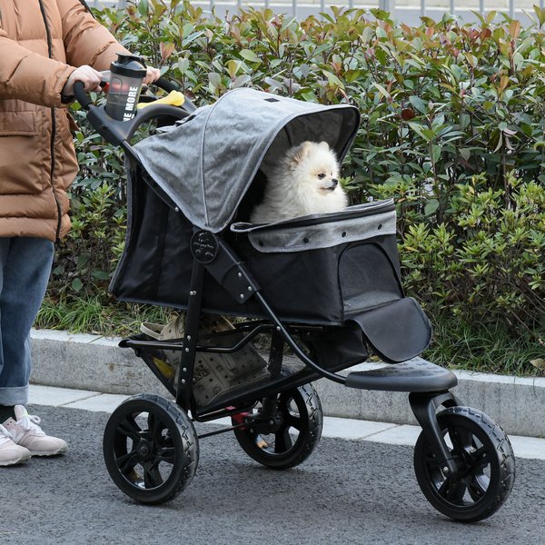 Folding 3 Wheels Pet Stroller Travel W/ Adjustable Canopy Storage Brake - Grey