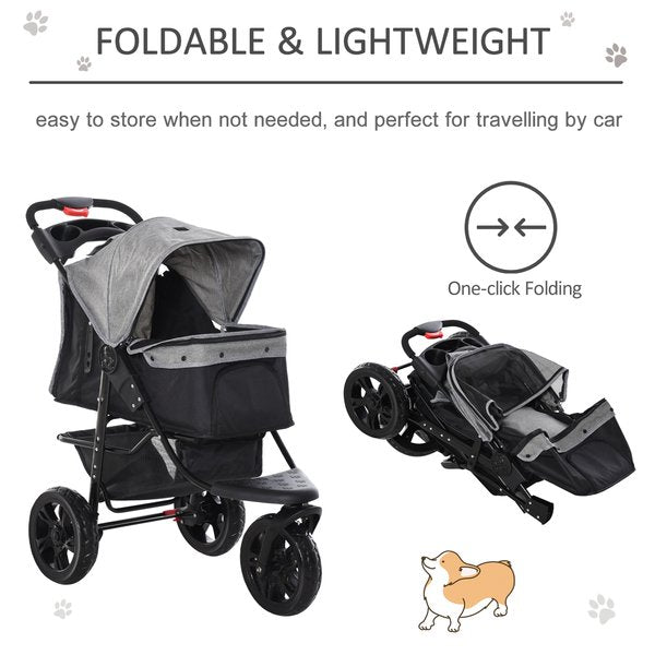 Folding 3 Wheels Pet Stroller Travel W/ Adjustable Canopy Storage Brake - Grey