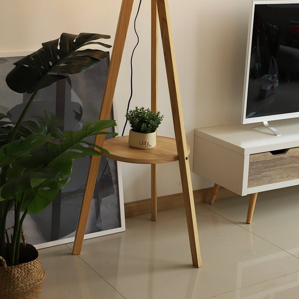 Free Standing Floor Lamp, 50Lx50Wx154H Cm - Beige/Natural Wood Colour