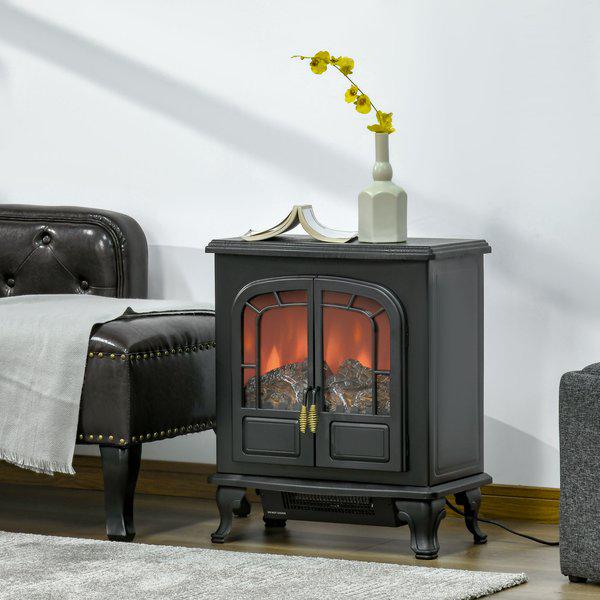 Freestanding Electric Fireplace Stove Heater With LED Flame Effect - Black