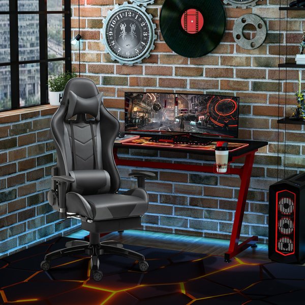 Gaming Gamer Desk Chair For Home Office Swivel Seat w/ Footrest - Black/Grey