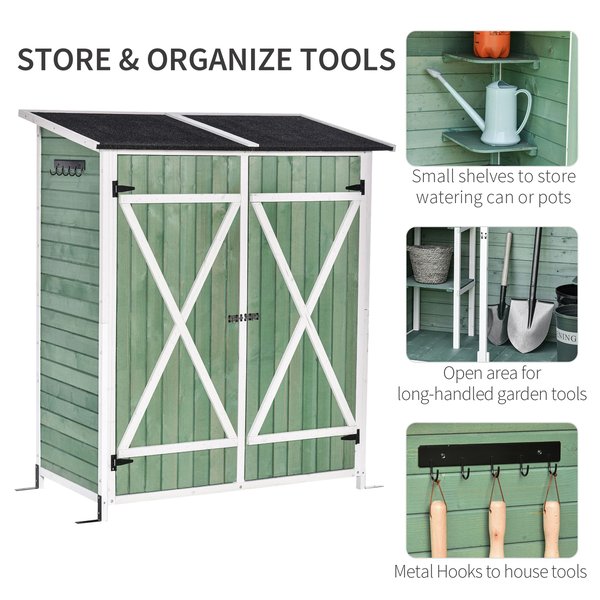 Garden Storage Shed Tool Organizer W/ Table, Hooks, And Ground Nails