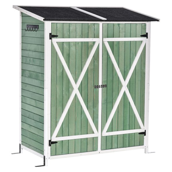 Garden Storage Shed Tool Organizer W/ Table, Hooks, And Ground Nails