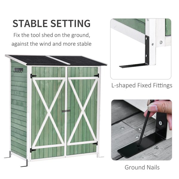 Garden Storage Shed Tool Organizer W/ Table, Hooks, And Ground Nails