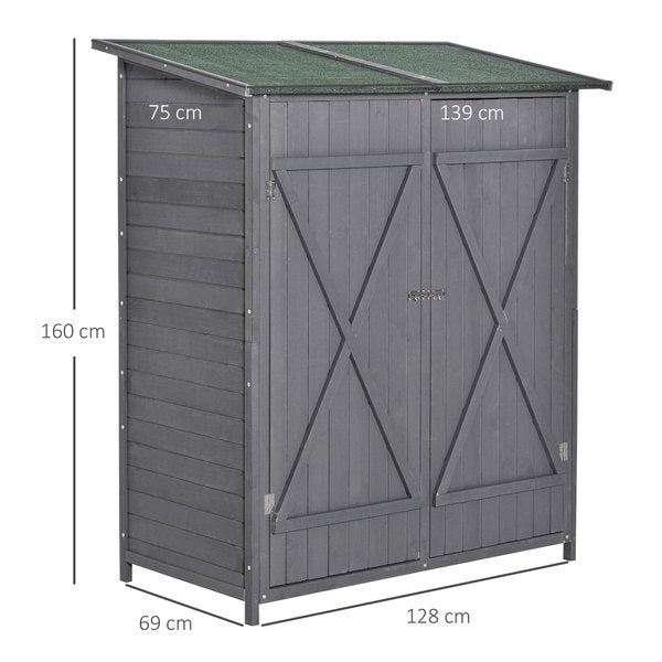 Garden Wood Storage Shed W/ Table, Asphalt Roof, Double Door, Grey