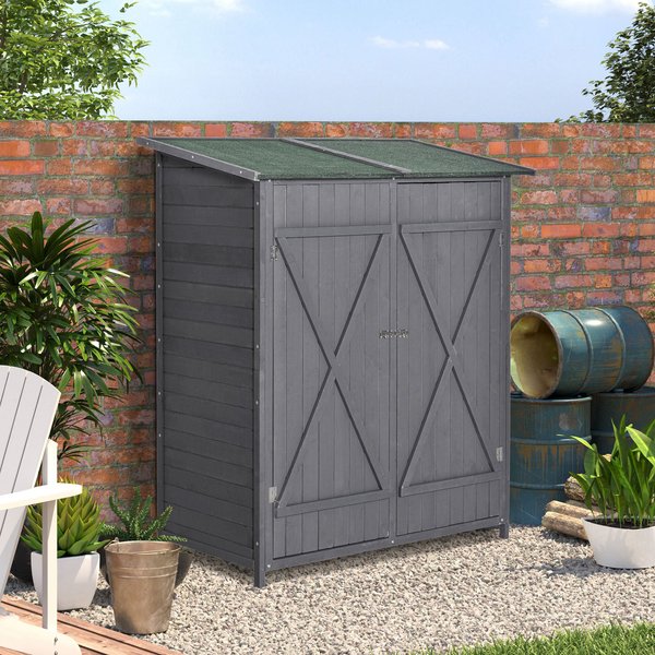 Garden Wood Storage Shed W/ Table, Asphalt Roof, Double Door, Grey