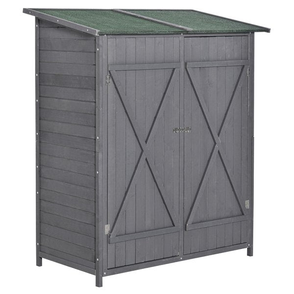 Garden Wood Storage Shed W/ Table, Asphalt Roof, Double Door, Grey