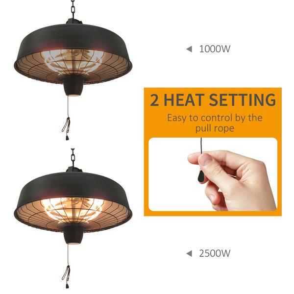 Halogen Heater Hanging Adjustable Infrared Light 1000/2500W - Black