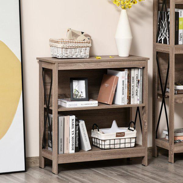 Industrial Look 2-Tier Bookcase With Open Shelving Steel X - Bar For Home Office