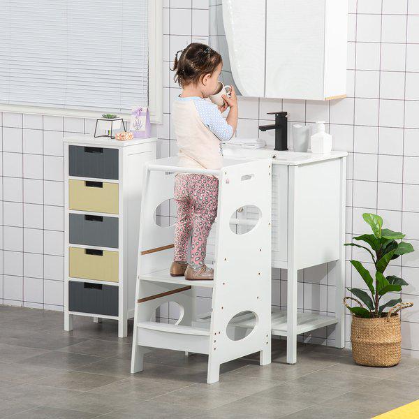 Kids Step Stool Toddler Kitchen With Adjustable Standing Platform - White