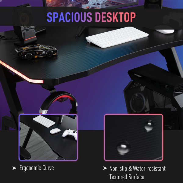 LED Ergonomic Gaming Desk Computer Table With Cup Holder & Cable Management - Black