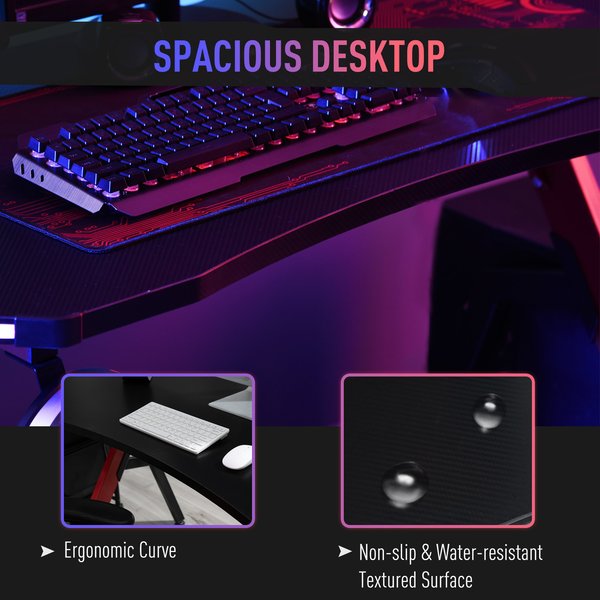 LED Ergonomic Gaming Desk Computer Writing Table With Cup Holder Cable Management