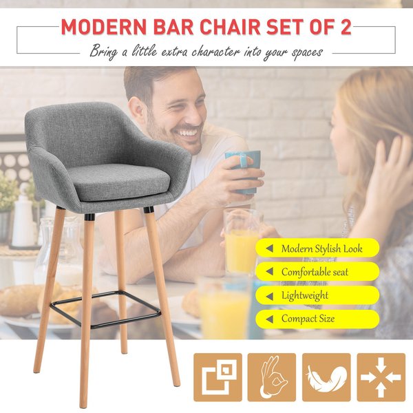 Linen Upholstered Set Of 2 Home Bar Stools Grey