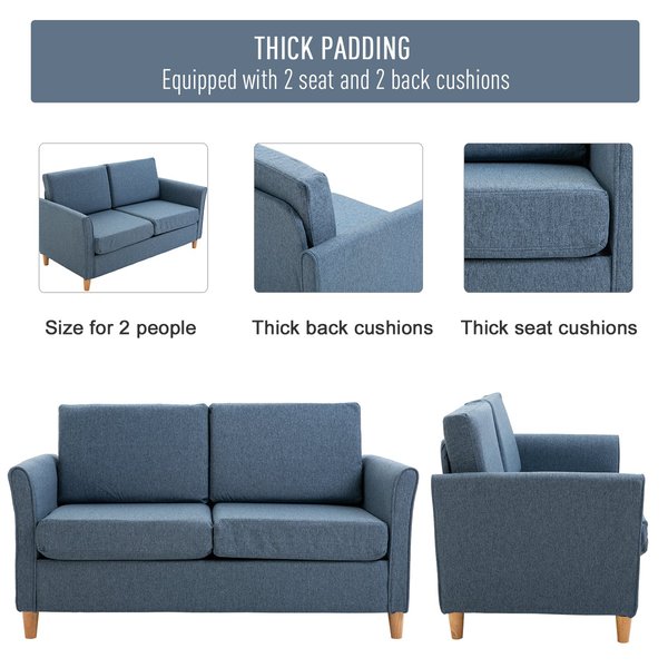 Linen Upholstery 2-Seater Sofa Floor Living Room Furniture W/ Armrest Wooden Legs Blue