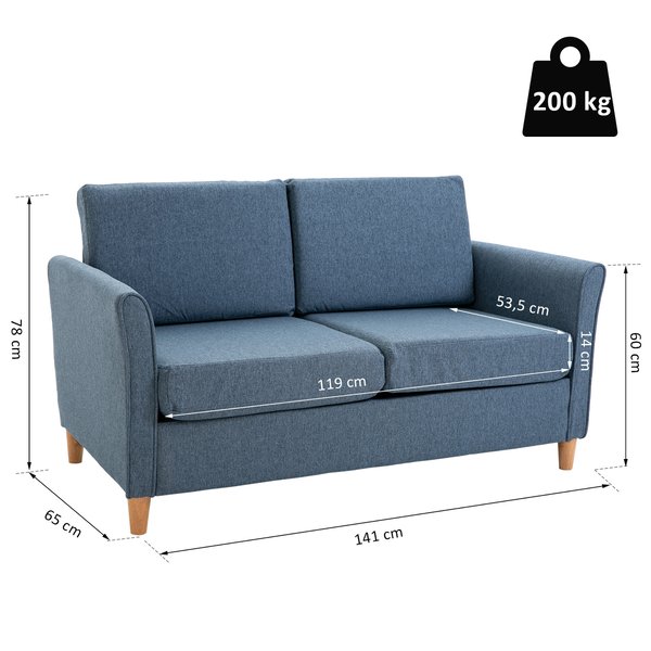 Linen Upholstery 2-Seater Sofa Floor Living Room Furniture W/ Armrest Wooden Legs Blue