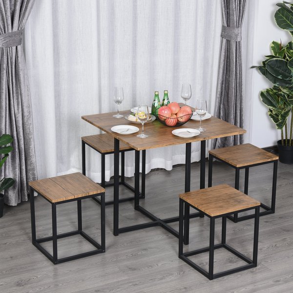 Topped Steel 5-Piece Dining Set Table With 4 Stools - Black/Brown