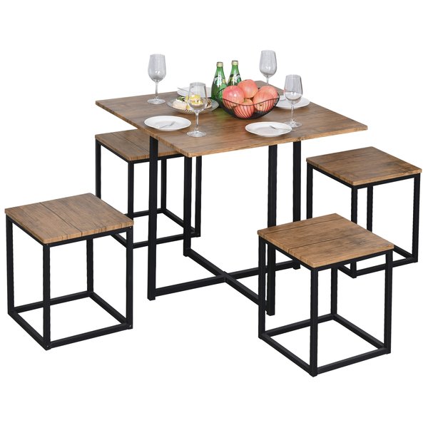 Topped Steel 5-Piece Dining Set Table With 4 Stools - Black/Brown