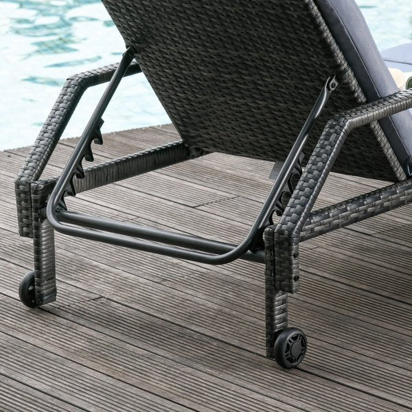 Rattan Sun Lounger W/ Adjustable Backrest And Wheels