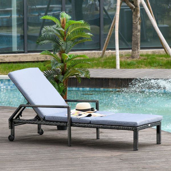 Rattan Sun Lounger W/ Adjustable Backrest And Wheels