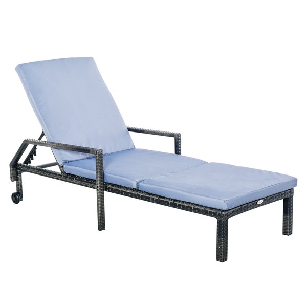 Rattan Sun Lounger W/ Adjustable Backrest And Wheels