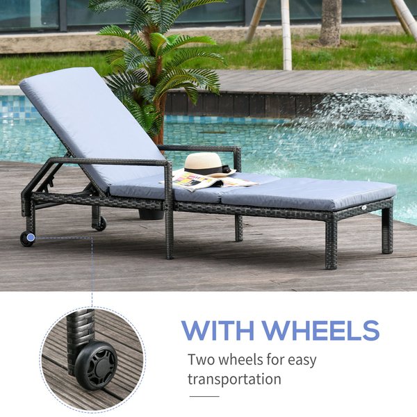 Rattan Sun Lounger W/ Adjustable Backrest And Wheels