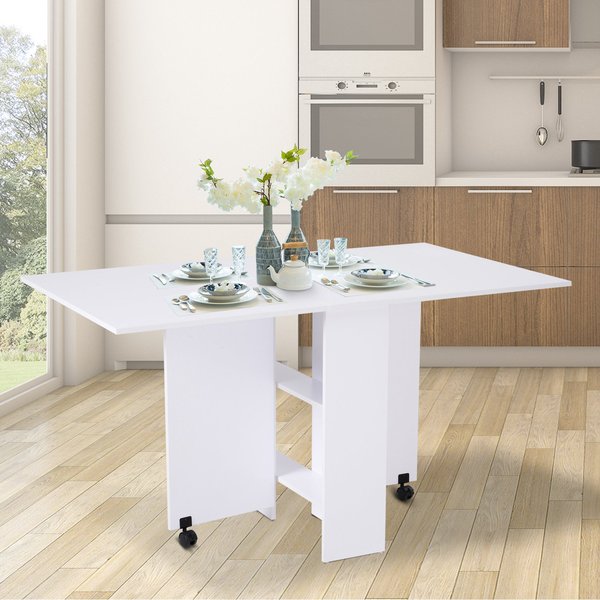 Mobile Drop Leaf Kitchen Dining Table W/ 2 Wheels, Storage Shelves - White Wood Grain