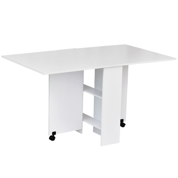 Mobile Drop Leaf Kitchen Dining Table W/ 2 Wheels, Storage Shelves - White Wood Grain