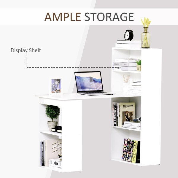 Modern Compact Computer Desk w/ 6-Tier Storage Shelves Combo, Bookshelf for Home Office - White