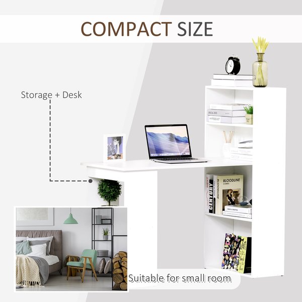 Modern Compact Computer Desk w/ 6-Tier Storage Shelves Combo, Bookshelf for Home Office - White