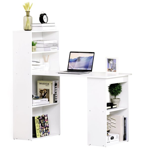 Modern Compact Computer Desk w/ 6-Tier Storage Shelves Combo, Bookshelf for Home Office - White