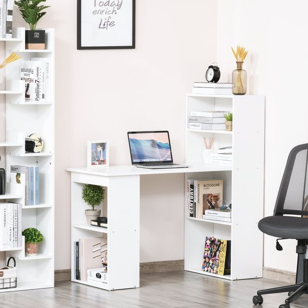 Modern Compact Computer Desk w/ 6-Tier Storage Shelves Combo, Bookshelf for Home Office - White