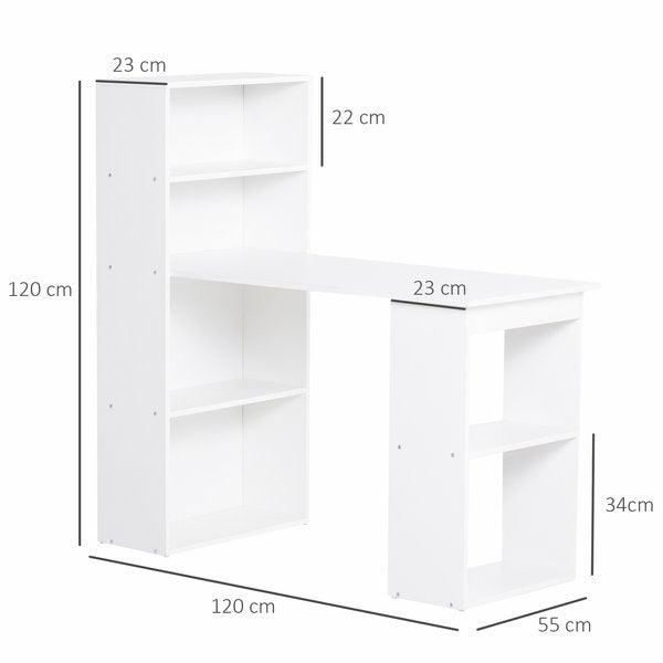 Modern Compact Computer Desk w/ 6-Tier Storage Shelves Combo, Bookshelf for Home Office - White