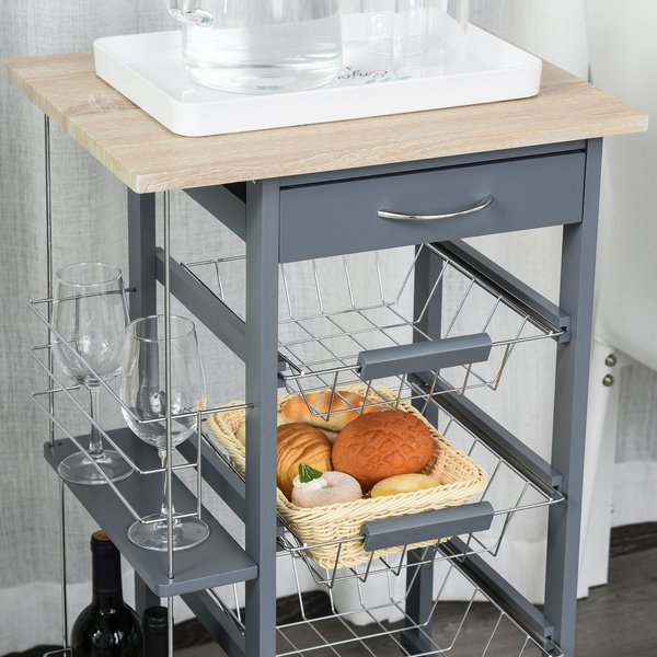 Multi-Use Kitchen Island Trolley W/ 4 Baskets 2 Side Racks Drawer - Dark Grey