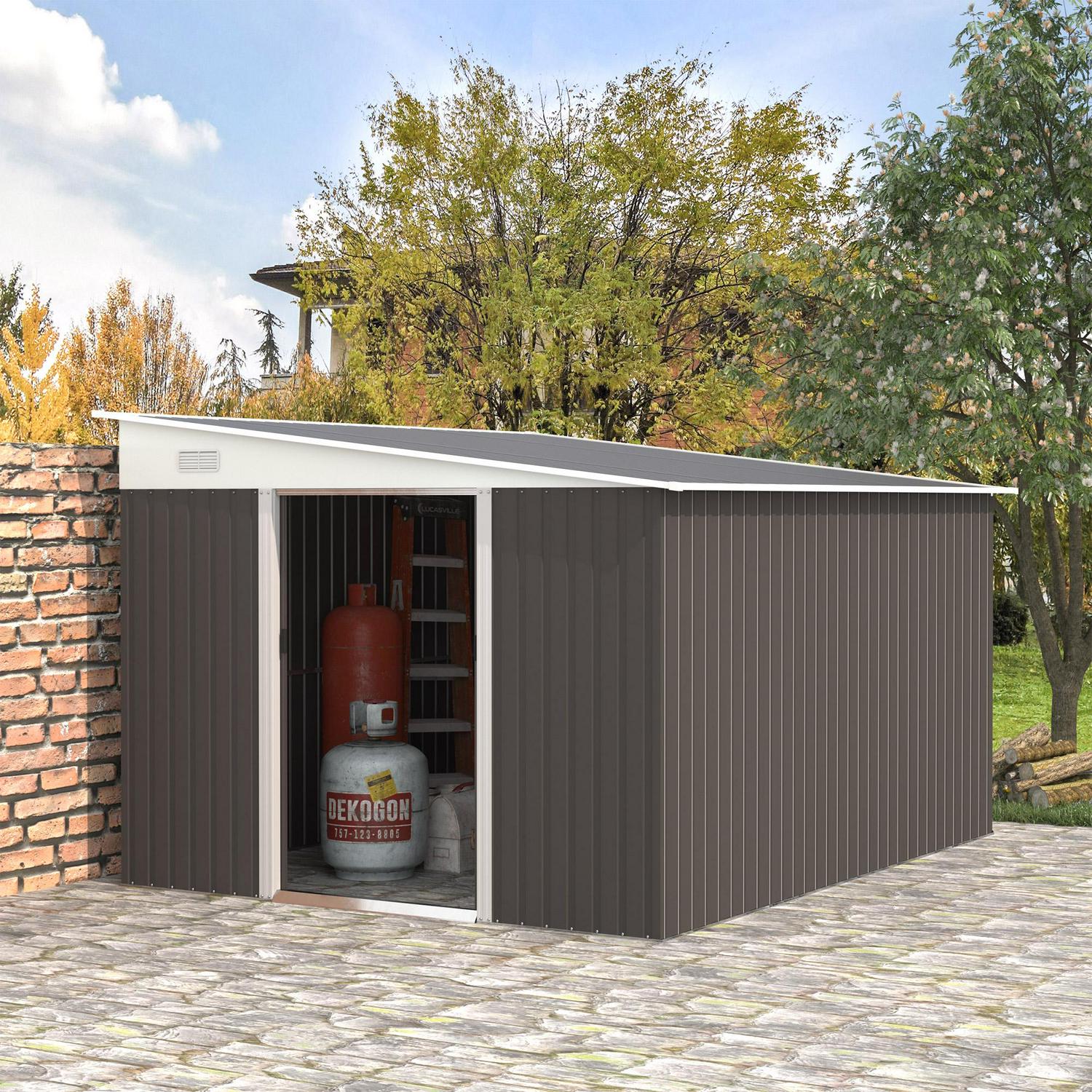 Steel Garden Storage Shed Outdoor Metal Tool House With Double Sliding Doors And 2 Air Vents, Grey 11.3 X 9.2ft