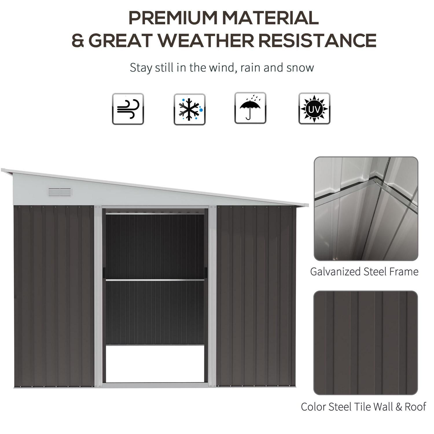 Steel Garden Storage Shed Outdoor Metal Tool House With Double Sliding Doors And 2 Air Vents, Grey 11.3 X 9.2ft