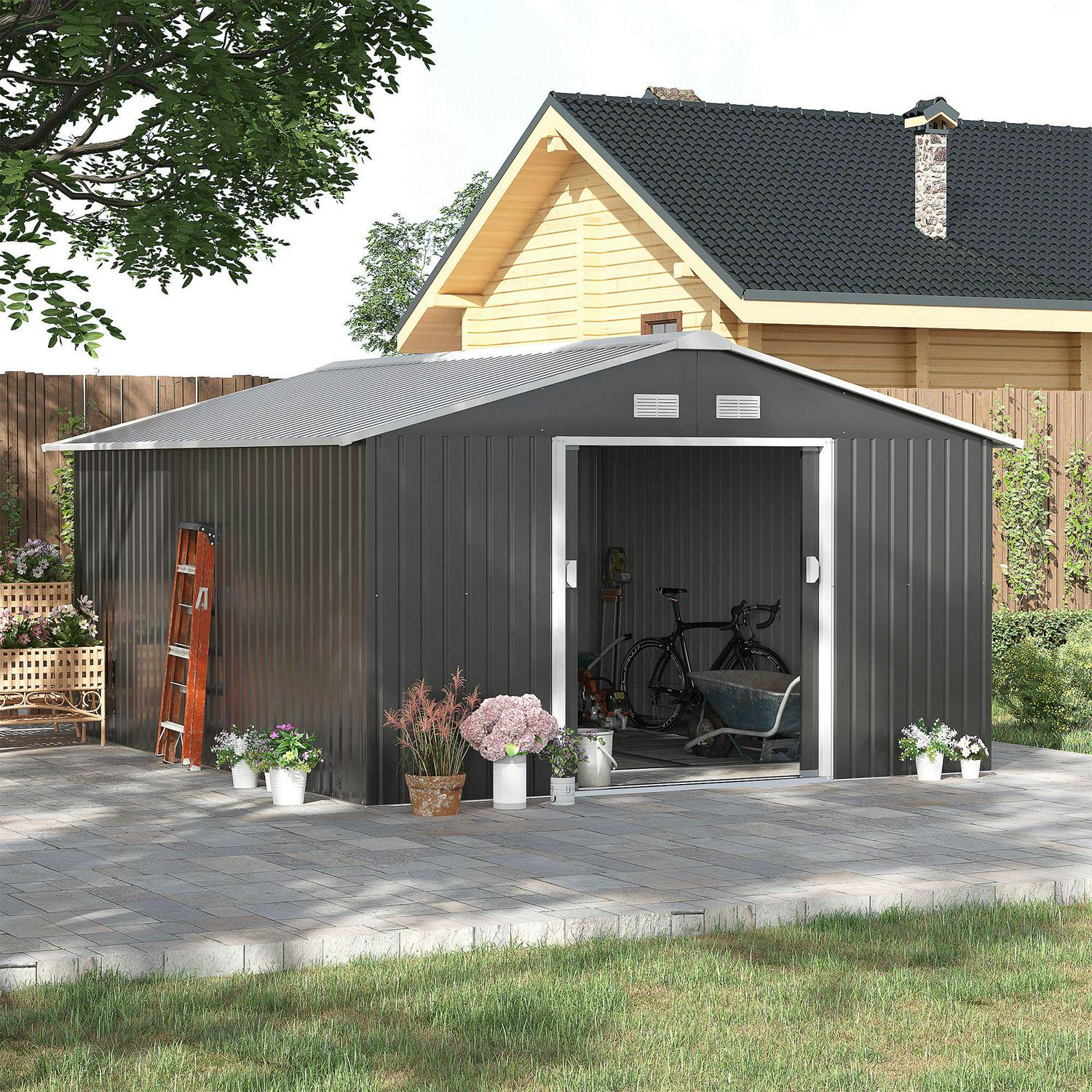 Galvanized Steel Garden Shed And Foundation - Grey 12.5 X 11.1ft