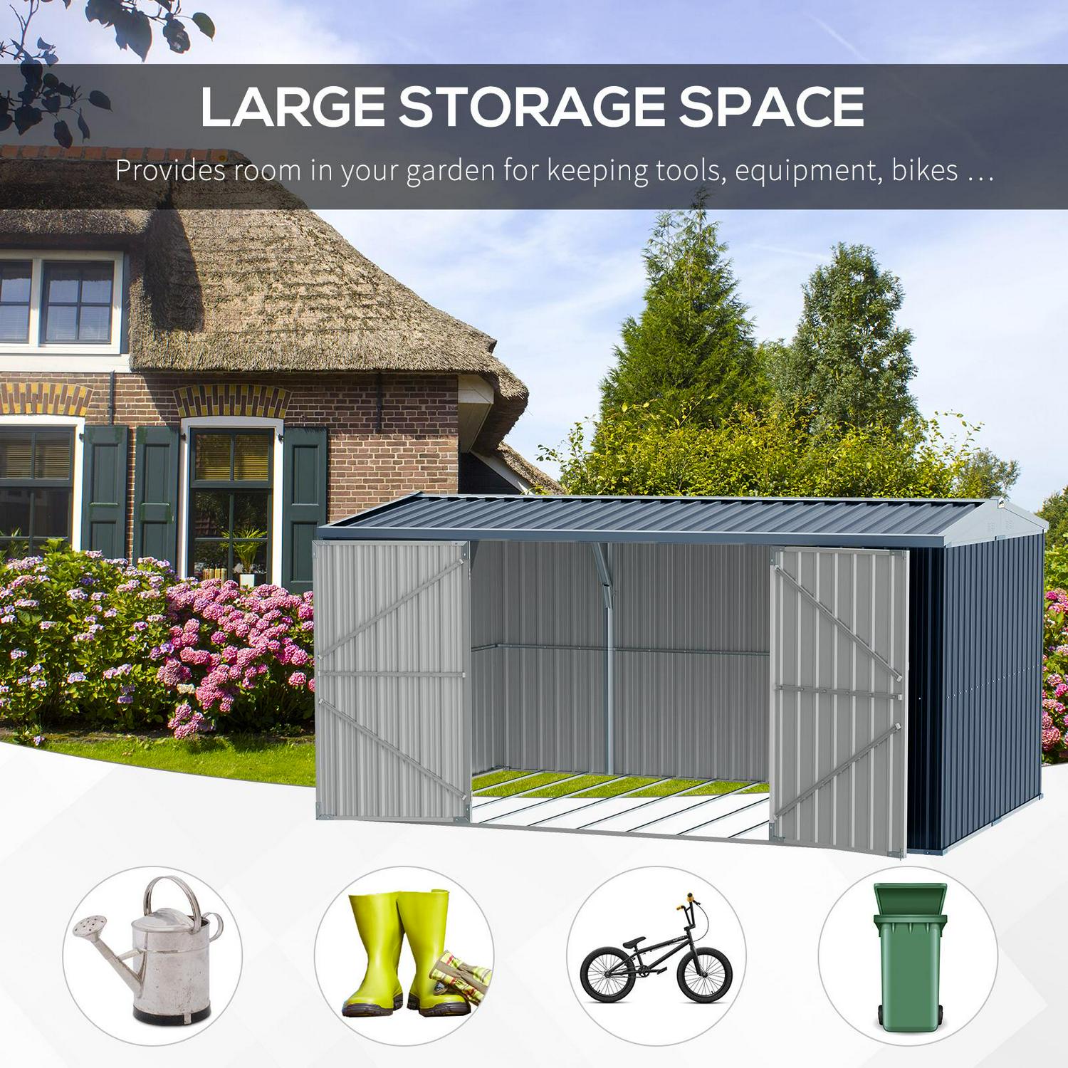 Outdoor Garden Storage Shed With Lockable Steel Tool Box For Backyard, Patio And Lawn, Grey 14 X 9ft