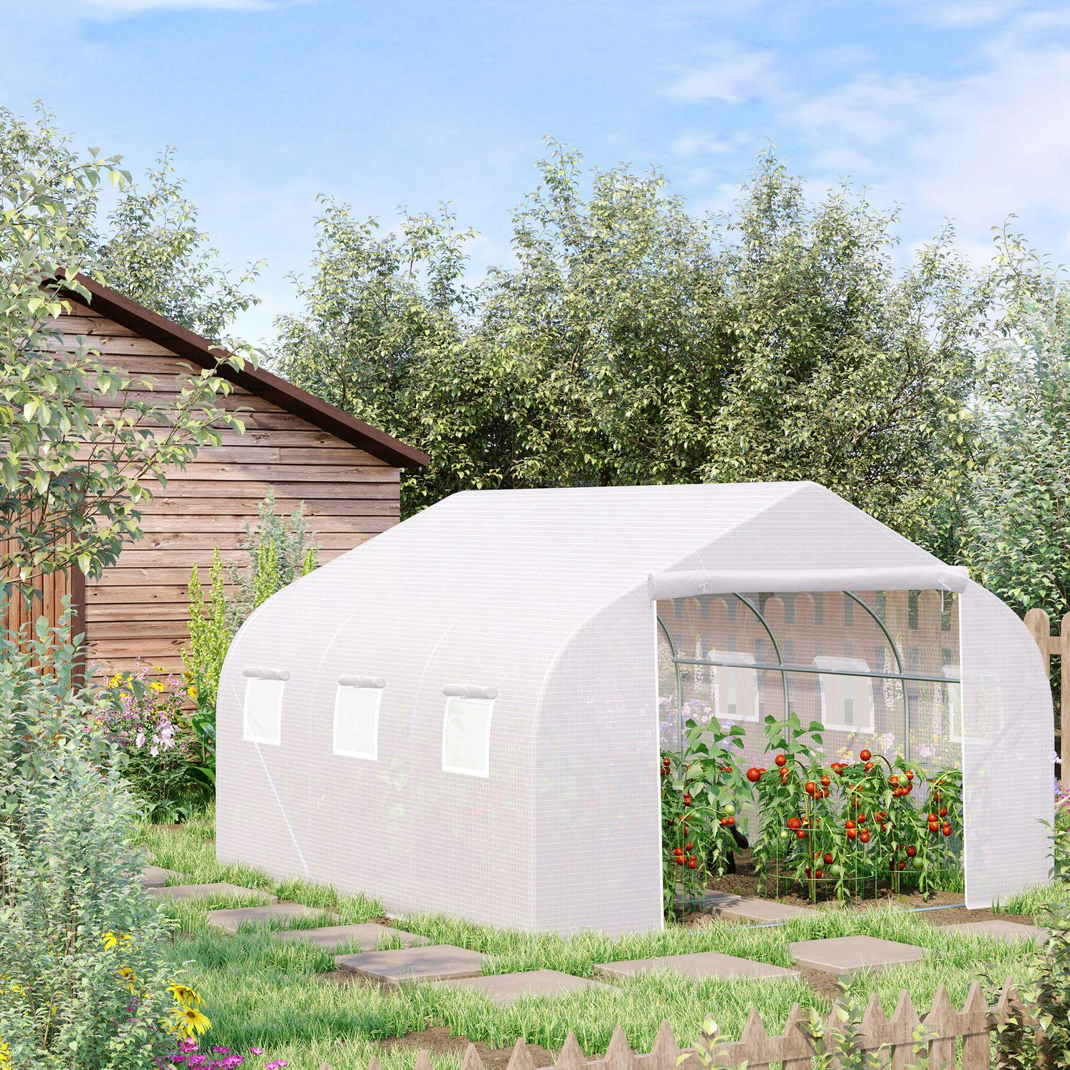 Walk-in Tunnel PE Mesh Greenhouse, Poly tunnels, Galvanised metal frame with PE cover, White 2H X 3.5L X 3W (m)