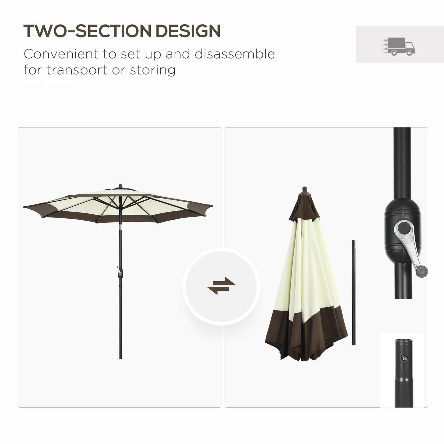 Garden Parasol Umbrella With 8 Metal Ribs- Coffee