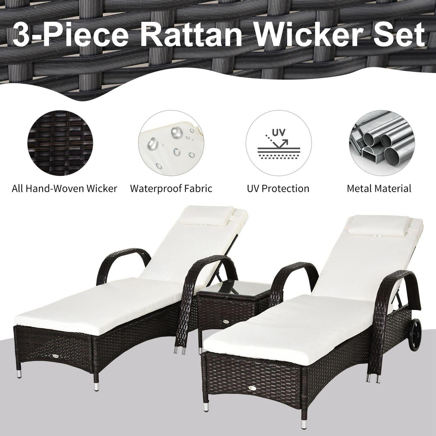 3 Seat Rattan Reclining Lounger With Side Table Set Brown