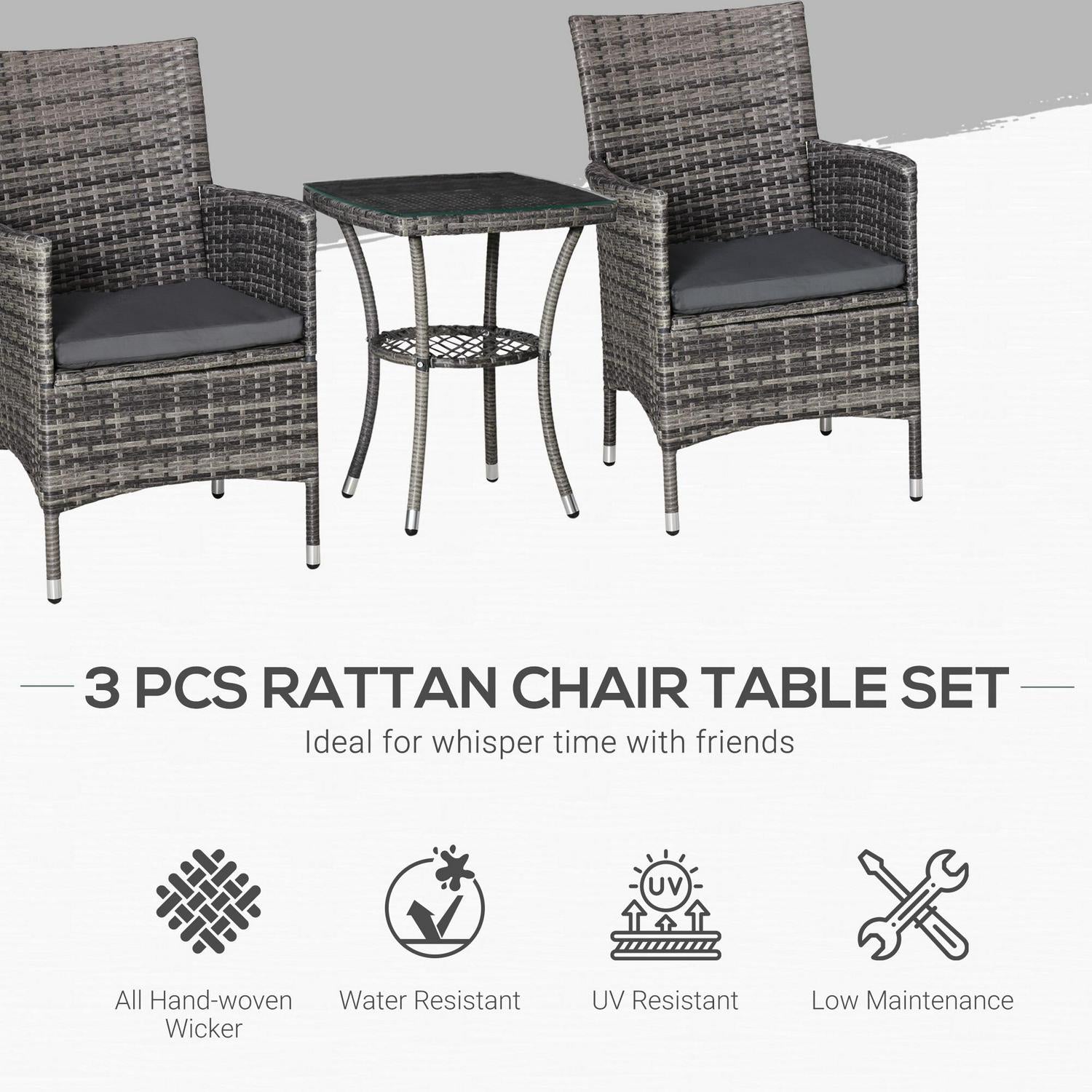 2 Seater Garden Outdoor Rattan Furniture Bistro- Light Grey