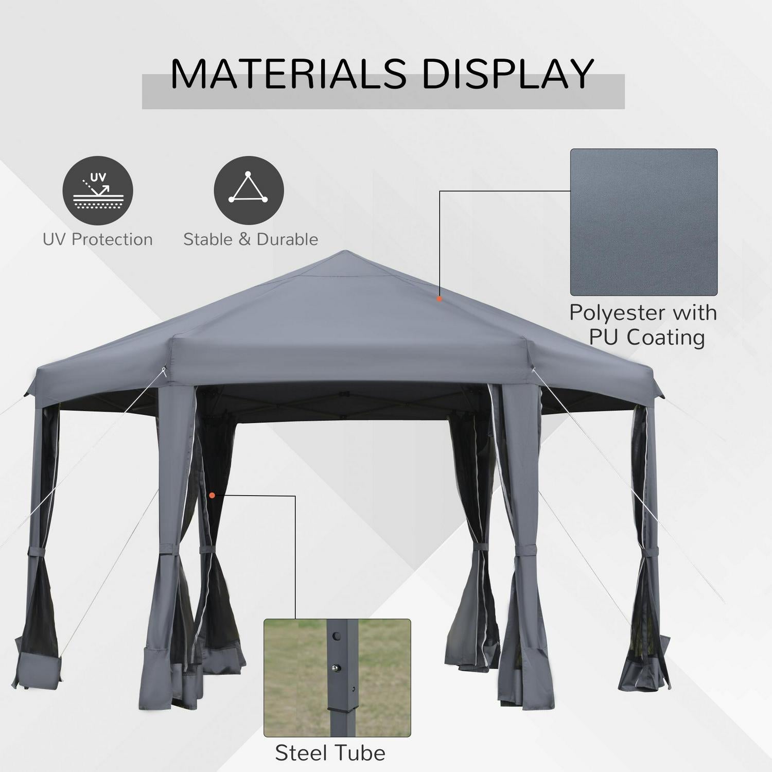 Pop Up Gazebo Hexagonal Canopy Tent - Grey