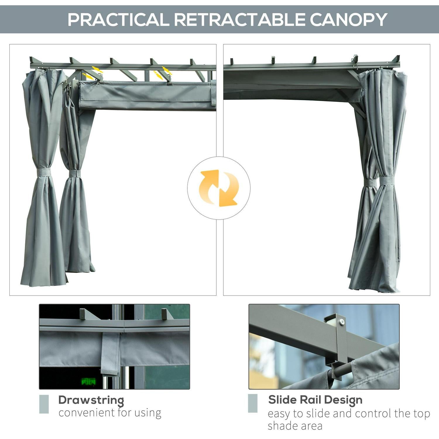 Outdoor Pergola With Retractable Roof And Curtains- Dark Grey