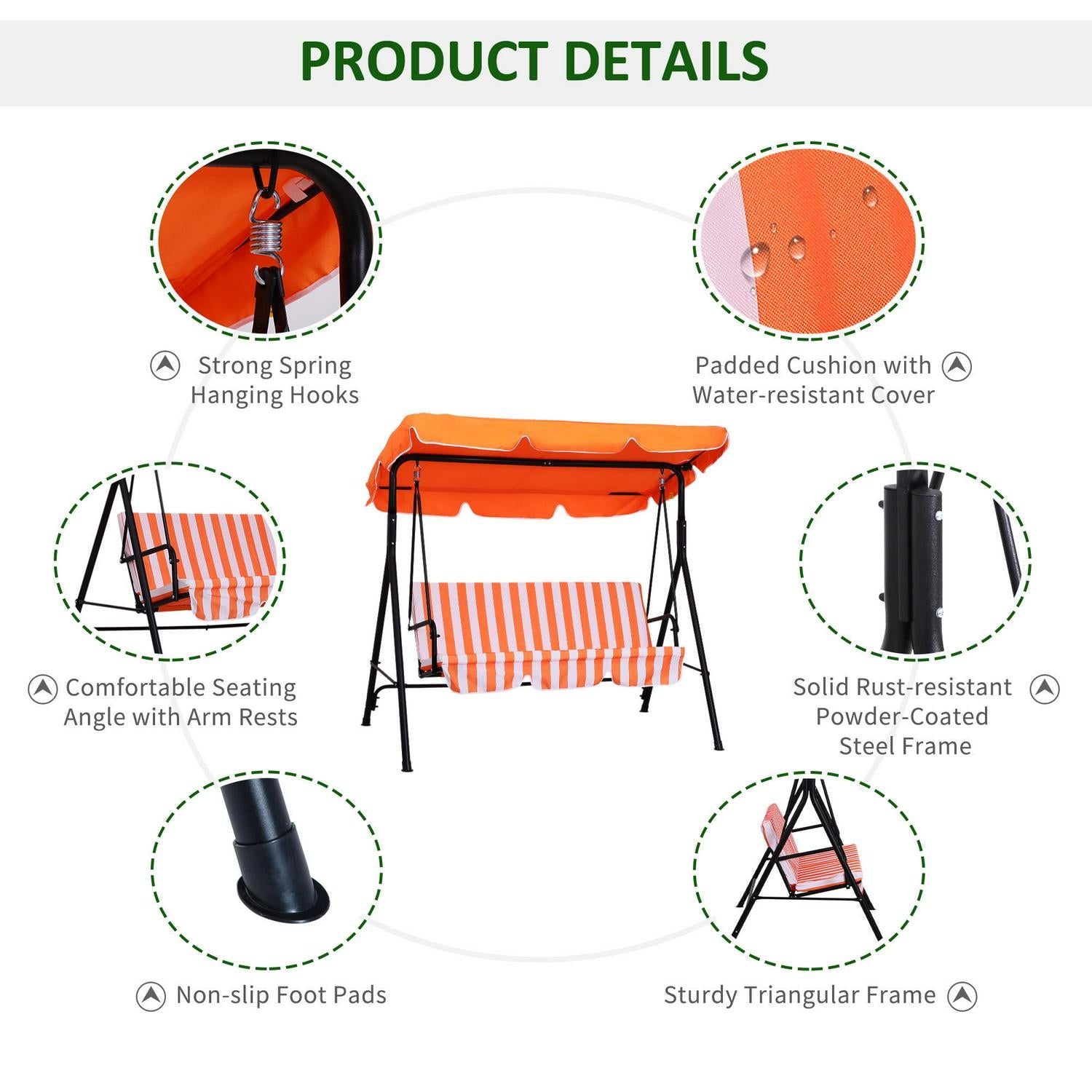 3 Seater Canopy Swing Chair Garden Rocking Bench Heavy Duty Patio Metal W/ Top Roof - Orange