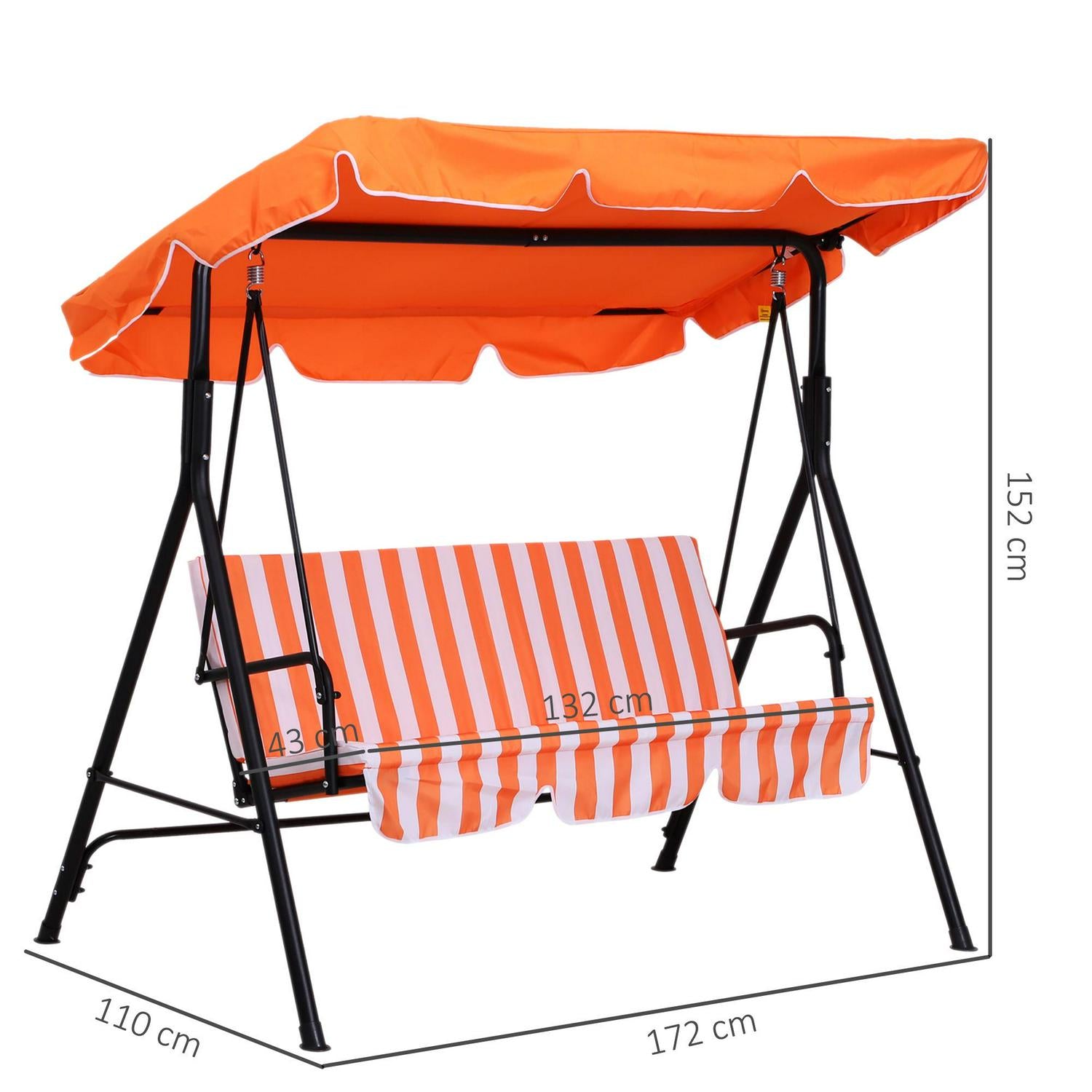 3 Seater Canopy Swing Chair Garden Rocking Bench Heavy Duty Patio Metal W/ Top Roof - Orange